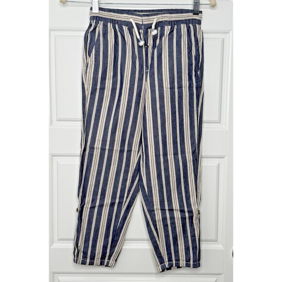 H&M Boys Striped Cotton Pants Size 7-8Y Blue White Roll Tab Cuffed Drawstring - Picture 2 of 11